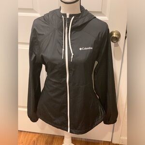 Columbia Women's Size L Windbreaker Jacket Black Polyester Hooded Fleece Lined